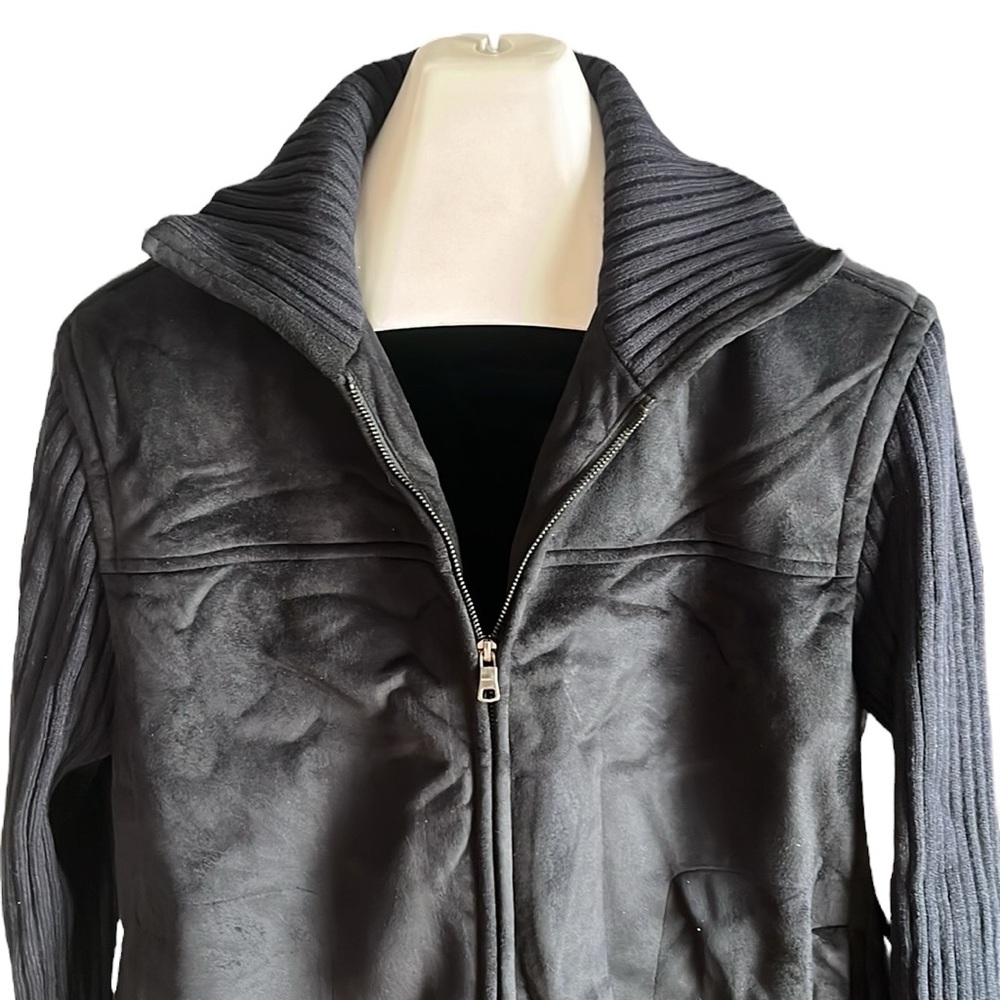 Womens Claiborne faux leather jacket with ribbed sweater sleeve